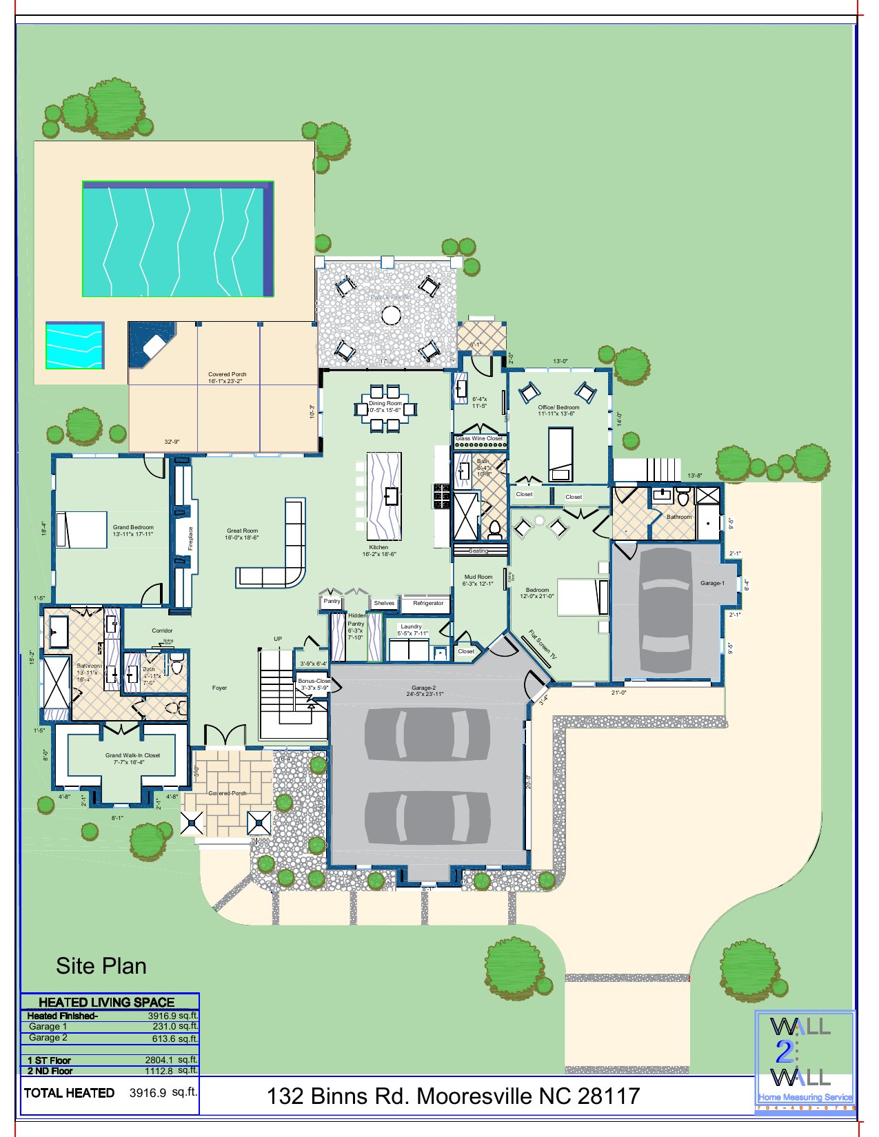 Site plan showing the house, covered patio, and a planned pool and spa behind the house