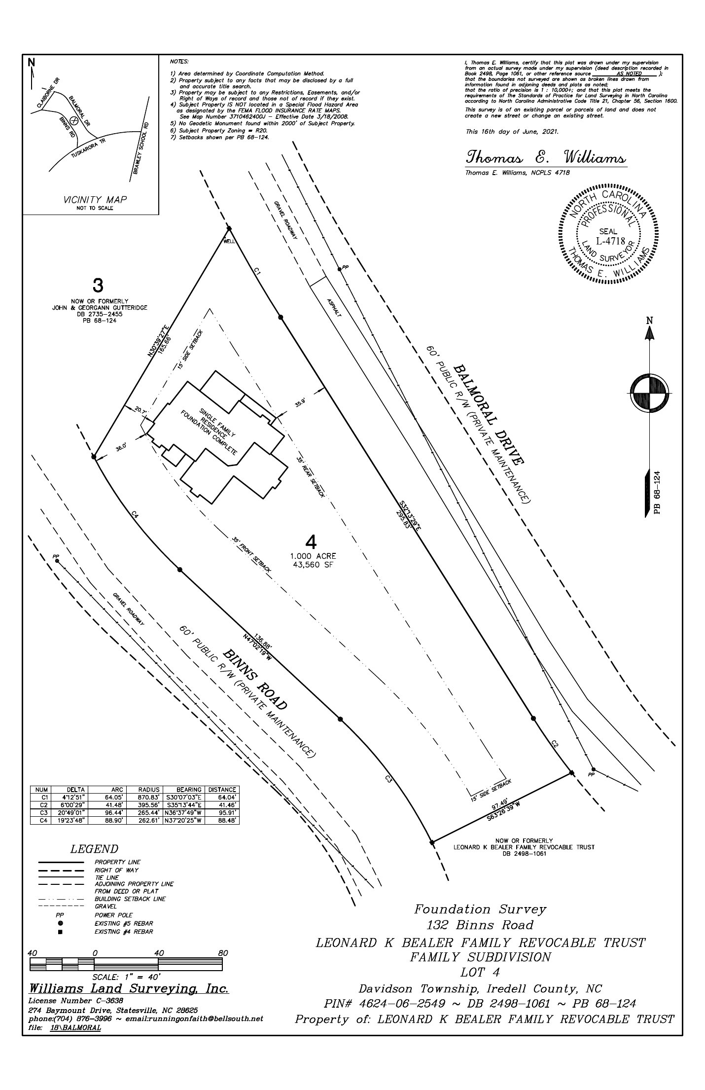Foundation survey of Lot 4, 1.000 acre, bounded by Binns Road and Balmoral Drive