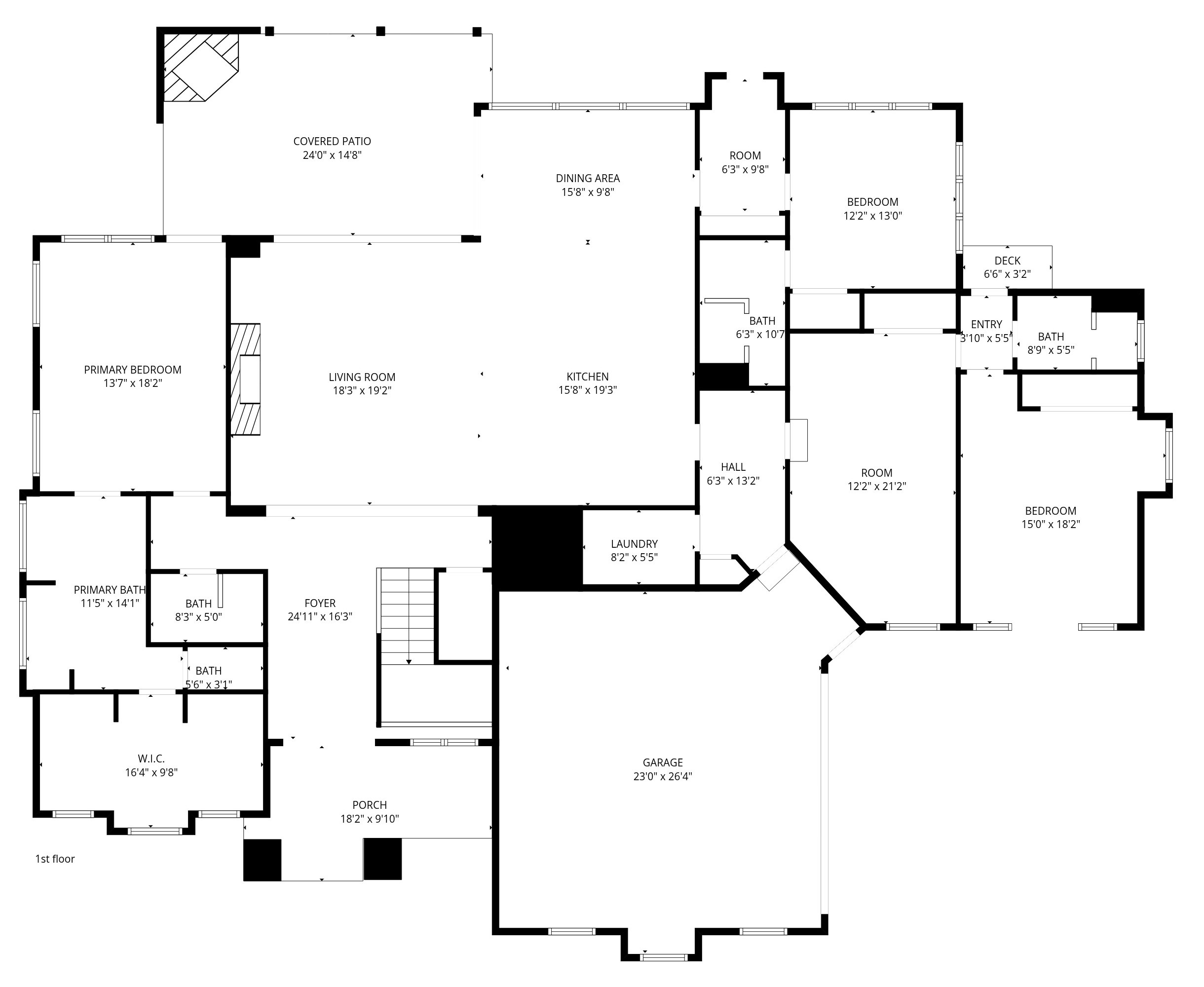 First-floor plan: foyer, living room, kitchen, dining area, primary suite with bath and walk-in closet, two bedrooms, flex room, laundry, covered patio, front porch and two-car garage