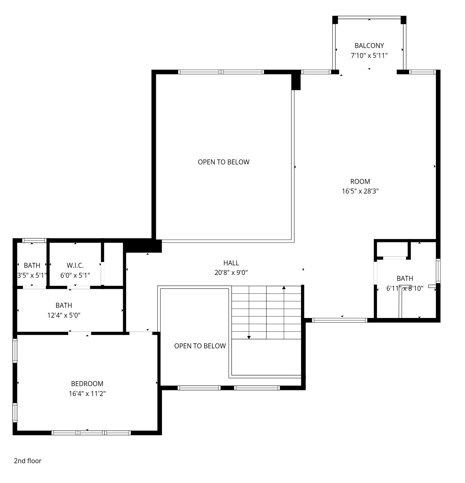 Second-floor plan: bonus room with balcony, bedroom, two baths, walk-in closet and hall open to the rooms below
